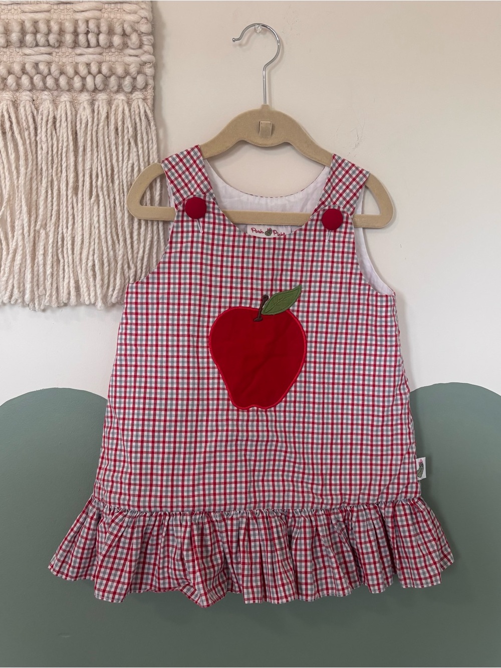 Girls Red Gingham Apple Applique Ruffle Dress